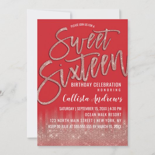 Scarlet Roos Gold Glitter Typography Sweet 16 Kaart (Voorkant)