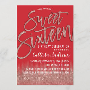 Scarlet Roos Gold Glitter Typography Sweet 16 Kaart