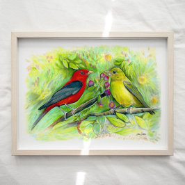 Scarlet Tanager Birds Waterverf Art Print