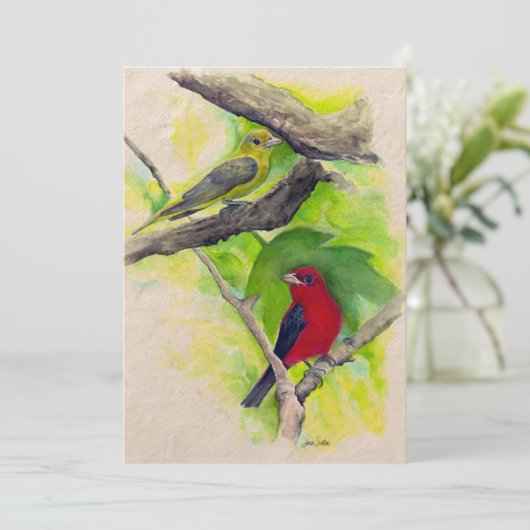 Scarlet Tanagers Birds Waterverf Bedankt (Staand voorkant)