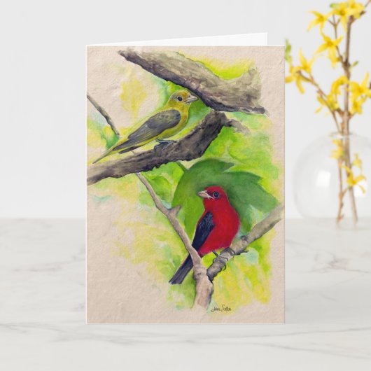 Scarlet Tanagers Vogels Waterverf Kaart schilderen (Gele Bloem)