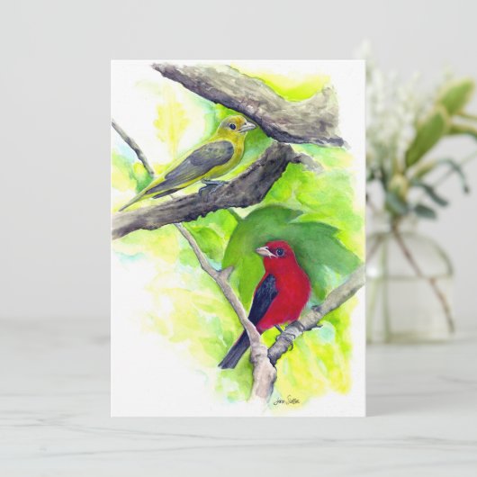 Scarlet Tanagers Vogels Waterverf Kaart schilderen Notitiekaartje (Staand voorkant)