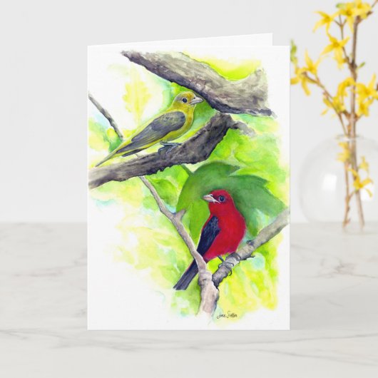 Scarlet Tanagers Vogels Waterverf schilderen Kaart (Gele Bloem)