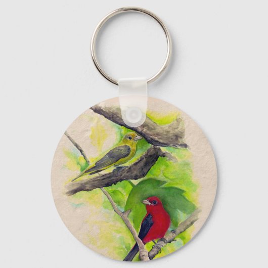 Scarlet Tanagers Vogels Waterverf schilderen Sleutelhanger (Voorkant)