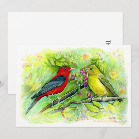 Scarlet Tanagers Waterverf Colored Pencil Tekening Bedankkaart (Voorkant / Achterkant)
