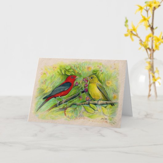 Scarlet Tanagers Waterverf Colored Pencil Tekening Kaart (Gele Bloem)