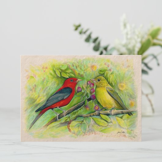Scarlet Tanagers Waterverf Colored Pencil Tekening Notitiekaartje (Staand voorkant)