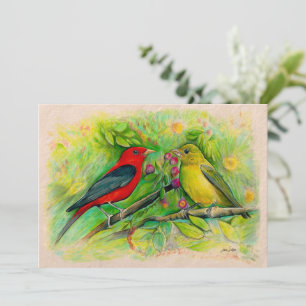 Scarlet Tanagers Waterverf Colored Pencil Tekening Notitiekaartje