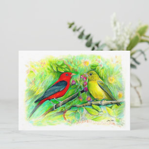 Scarlet Tanagers Waterverf Colored Pencil Tekening Notitiekaartje