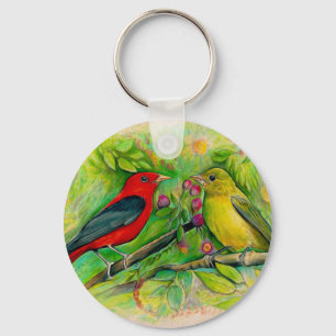 Scarlet Tanagers Waterverf Colored Pencil Tekening Sleutelhanger