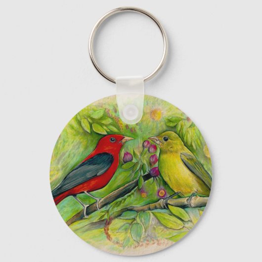 Scarlet Tanagers Waterverf Colored Pencil Tekening Sleutelhanger (Voorkant)
