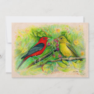 Scarlet Tanagers Waterverf Colour Pencil Art Bedankkaart