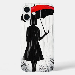 "Scarlet Umbrella" Rain Silhouette Art iPhone 16 Plus Hoesje