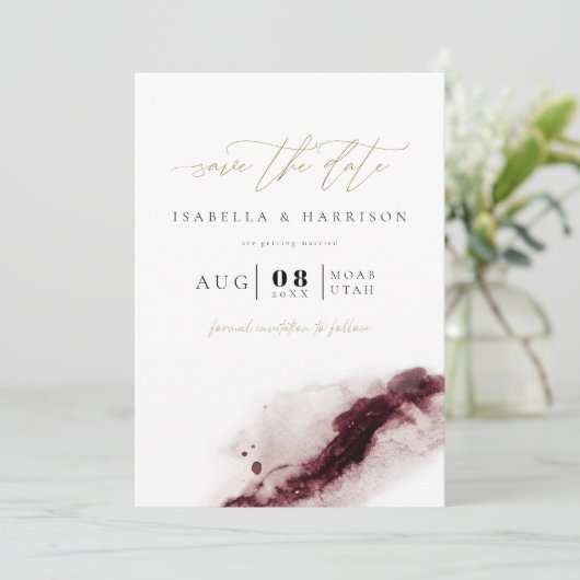 SCARLETT Boho Bourgondië en goud Bewaar de datum Kaart (Staand voorkant)