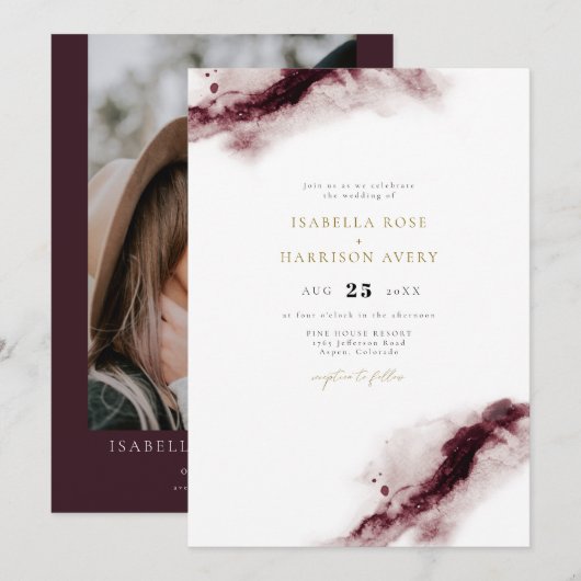 SCARLETT | Boho Burgundy Gold Waterverf Wedding Kaart (Voorkant / Achterkant)