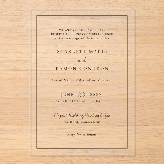 Scarlett Border Elegant Huwelijk Acryl Uitnodigingen (Voorkant)