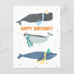 Scarves Winter Kids Birthday Briefkaart<br><div class="desc">Filmschilderij van drie walvissen met beien en breidoeken. Kute winter sweater weather narwhal,  blauwe walvis,  illustratie van spermawalvissen. Waalkerst-thematisch ontwerp.</div>