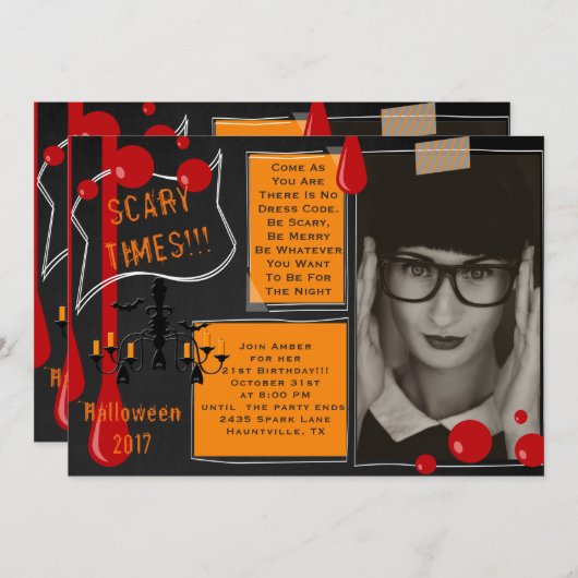 Scary 21st Birthday Halloween with Pic Invitation Kaart (Voorkant / Achterkant)