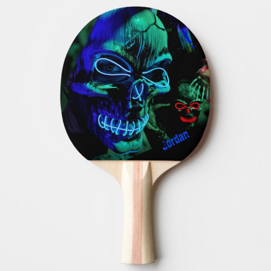 Scary Badass Neon Blue Blauwgroen Skull Name Tafeltennisbatje (Voorkant)