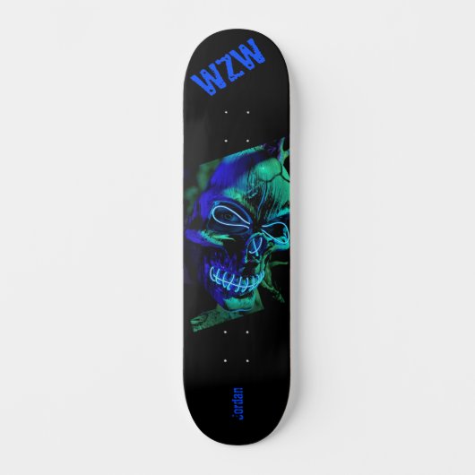 Scary Badass Neon Blue Skull Monogram Skateboard (Voorkant)