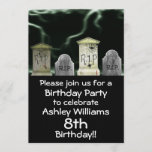 Scary Birthday Party Invitation Kaart<br><div class="desc">Deze enge verjaardagsuitnodiging heeft de perfecte achtergrond met een dieet en blikseminslag achter de grafstenen. het is heel beangstigend voor elke griezelige verjaardagsfeestdag,  pas je aan met al je details en je bent helemaal klaar!</div>