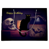 Scary Black Cat and Skull Happy Birthday Halloween Groot Cadeauzakje (Voorkant)