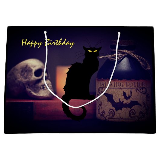 Scary Black Cat and Skull Happy Birthday Halloween Groot Cadeauzakje (Voorkant)