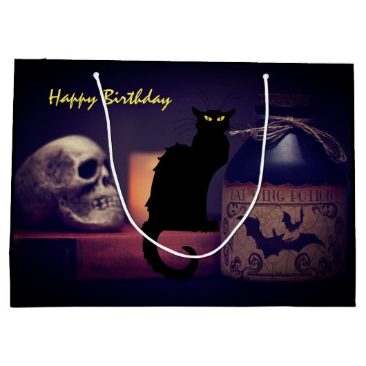 Scary Black Cat and Skull Happy Birthday Halloween Groot Cadeauzakje (Achterkant)