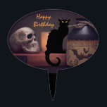 Scary Black Cat and Skull Happy Birthday Taarttopper<br><div class="desc">Deze Happy Birthday cake-plukker heeft een enge zwarte kat en een spookkige schedel met een pottenfles.</div>