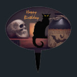 Scary Black Cat and Skull Happy Birthday Taarttopper<br><div class="desc">Deze Happy Birthday cake-plukker heeft een enge zwarte kat en een spookkige schedel met een pottenfles.</div>