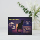 Scary Black Cat and Skull Happy Halloween Briefkaart (Staand voorkant)