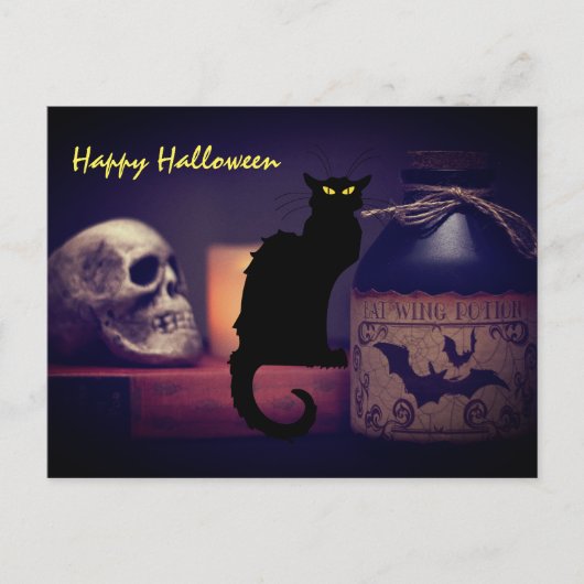 Scary Black Cat and Skull Happy Halloween Briefkaart (Voorkant)