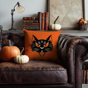 Scary Black Cat Face Halloween Sinaasappel en zwar Kussen