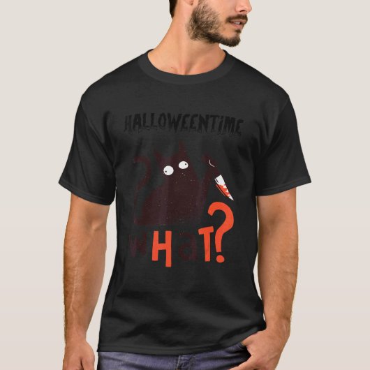 Scary Black Halloween Cat met een mes T-shirt (Voorkant)