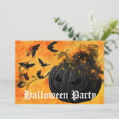 Scary Black Pumpkin and Bats Halloween Party Kaart (Staand voorkant)