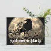Scary Black Raven Full Moon Halloween Party Invita Kaart (Staand voorkant)