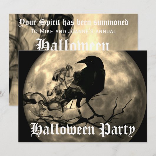 Scary Black Raven Full Moon Halloween Party Invita Kaart (Voorkant / Achterkant)