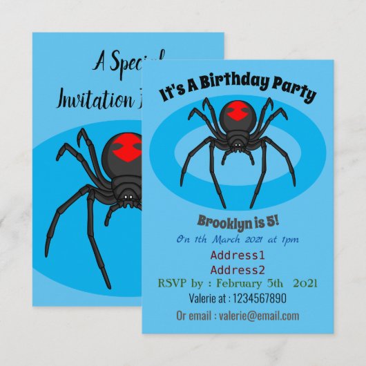 Scary black widow spin cartoon illustratie kaart (Voorkant / Achterkant)