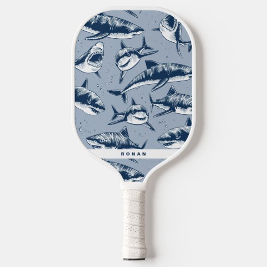 Scary Blue Shark Pattern | Naam Pickleball Paddle (Voorkant)