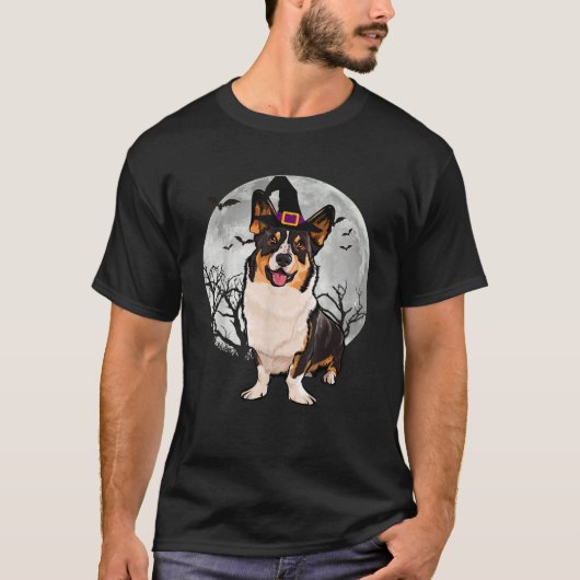 Scary Cardigan Welsh Corgi Dog Witch Hat Halloween T-shirt (Voorkant)