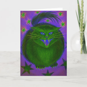 Scary Cat Green greetcard Kaart