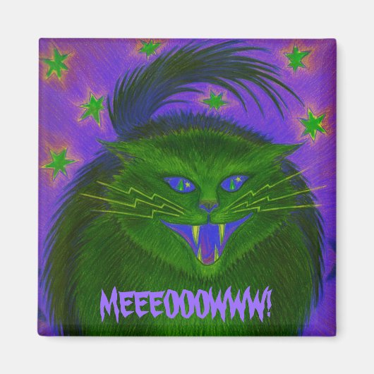 Scary Cat Green "MEEEOOWW!" koelkast magnet (Voorkant)