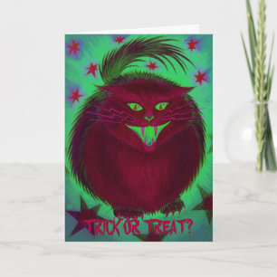 Scary Cat Red "Trick or treat?"-begroetingskaart Kaart