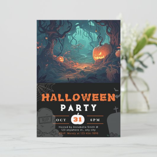Scary Forest en Jack-O' Lantaarns Zwart Halloween Kaart (Staand voorkant)