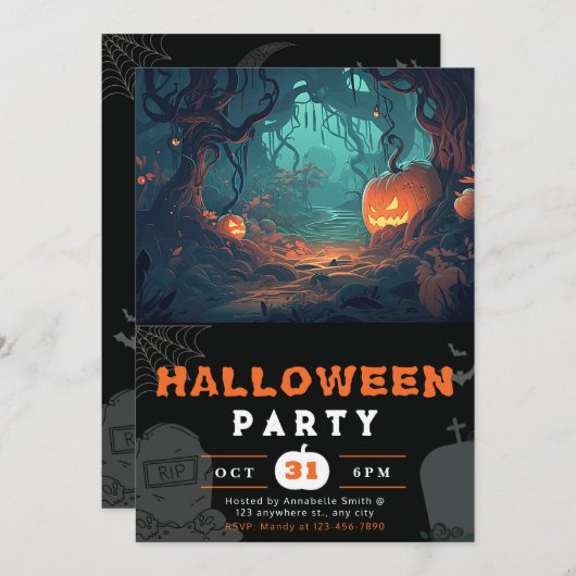 Scary Forest en Jack-O' Lantaarns Zwart Halloween Kaart (Voorkant / Achterkant)