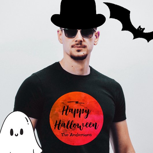 Scary Full Moon Typography Zwart Sinaasappel Hallo T-shirt