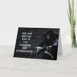 Scary Funny Grim Reaper Birthday Kaart<br><div class="desc">Een donkervochtige verjaardagskaart met de Grim Reaper in de donkere diepten van de hel met de tekst: "Oude leeftijd is niet zo slecht als je het alternatief bekijkt."</div>