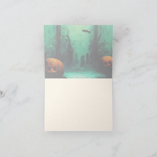 Scary Graveyard and Carved Pumpkins Halloween Bedankkaart (Binnen)