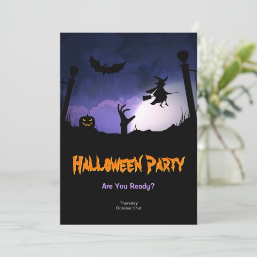 Scary Graveyard - Pumpkin Witch Halloween Party Kaart (Staand voorkant)