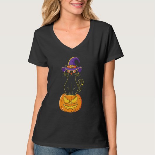 Scary Halloween Black Cat Costume Witch Hat & Moon T-shirt (Voorkant)